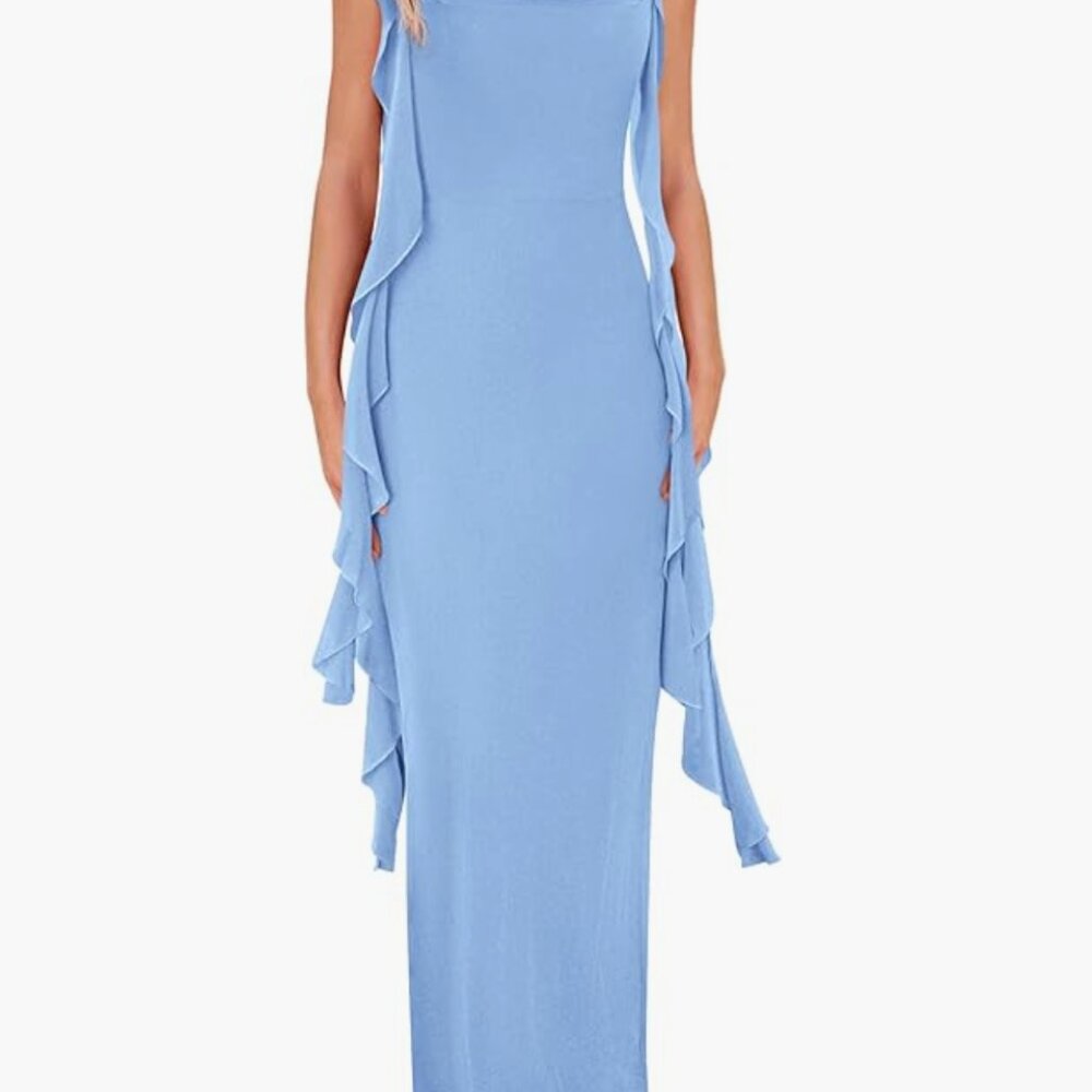 Light Blue PrettyGarden Ruffle Maxi Dress with Cowl Neck - Small